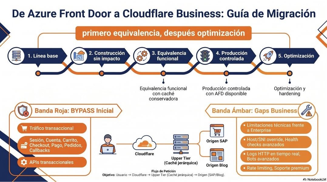 Infografía de cinco fases para migrar de Azure Front Door a Cloudflare Business